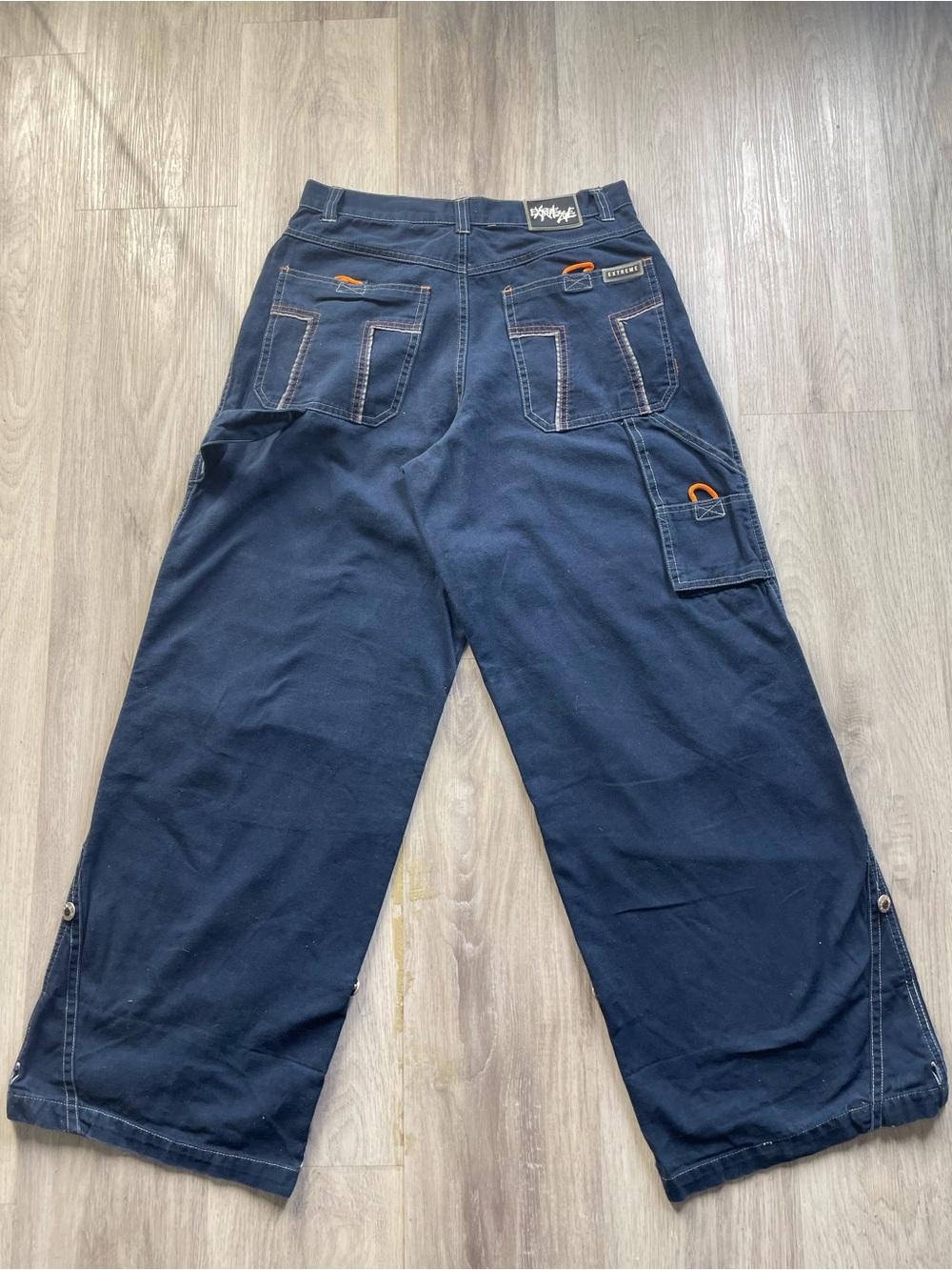 JNCO styled Y2K Navy Wide-Leg Cargo Pants with Orange Accents